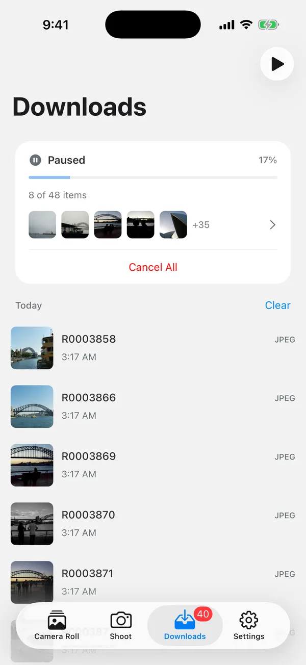 GR Snap download queue with file progress and completed transfers